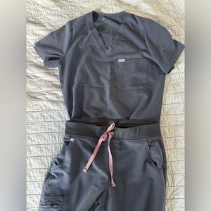 FIGS Catarina and Zamora scrubs set in Charcoal with Pink Tie